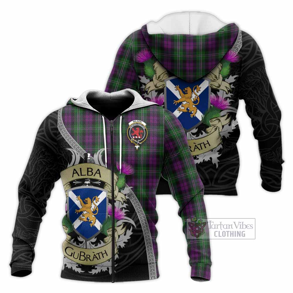 Tartan Vibes Clothing Wilson Tartan Family Crest Knitted Hoodie Lion Rampant Royal Thistle Shield Celtic Inspired