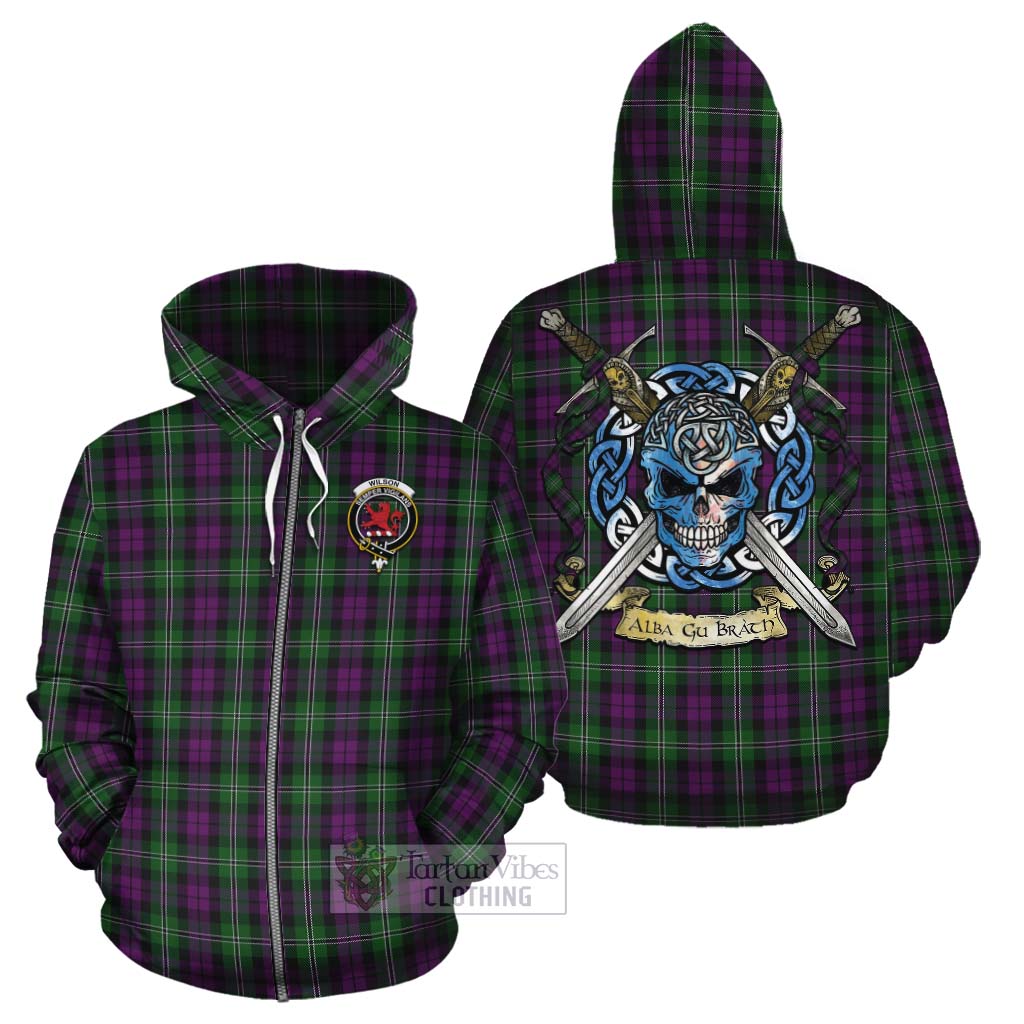 Tartan Vibes Clothing Wilson Tartan Cotton Hoodie with Family Crest Celtic Skull Style