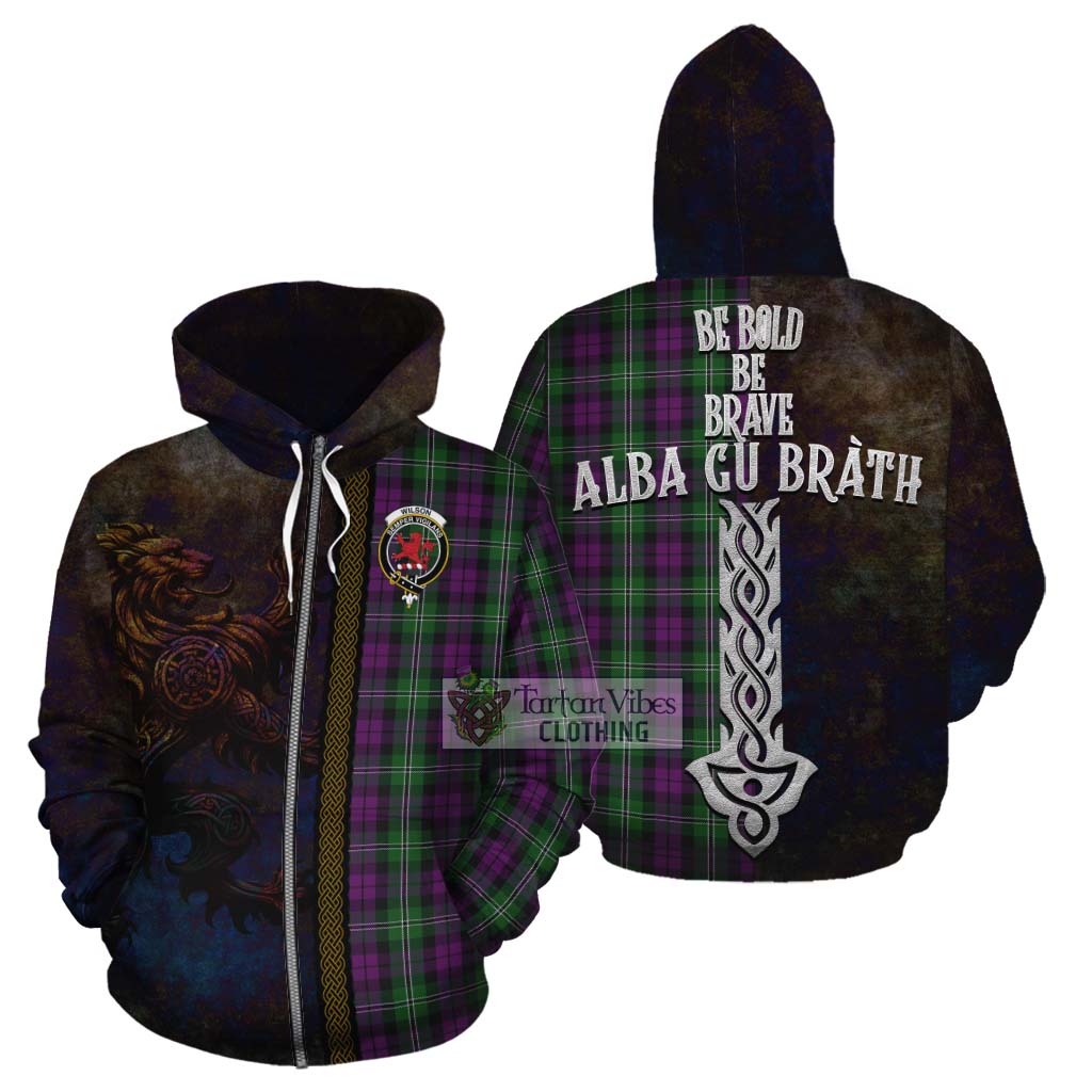 Tartan Vibes Clothing Wilson Tartan Family Crest Cotton Hoodie Alba Gu Brath Be Brave Lion Ancient Style