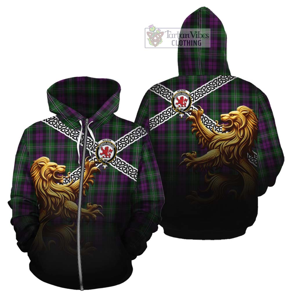 Tartan Vibes Clothing Wilson Crest Tartan Cotton Hoodie with Golden Lion Emblem Celtic Style