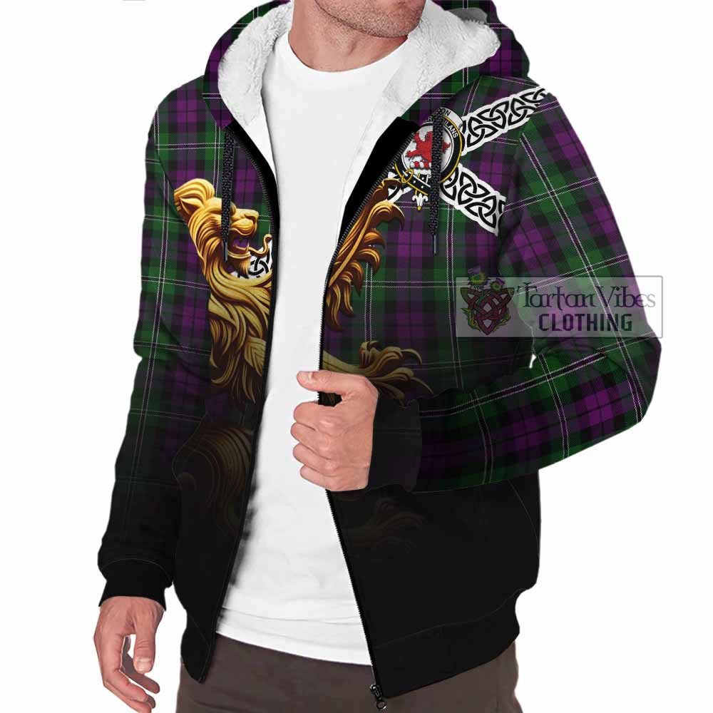 Tartan Vibes Clothing Wilson Crest Tartan Sherpa Hoodie with Golden Lion Emblem Celtic Style