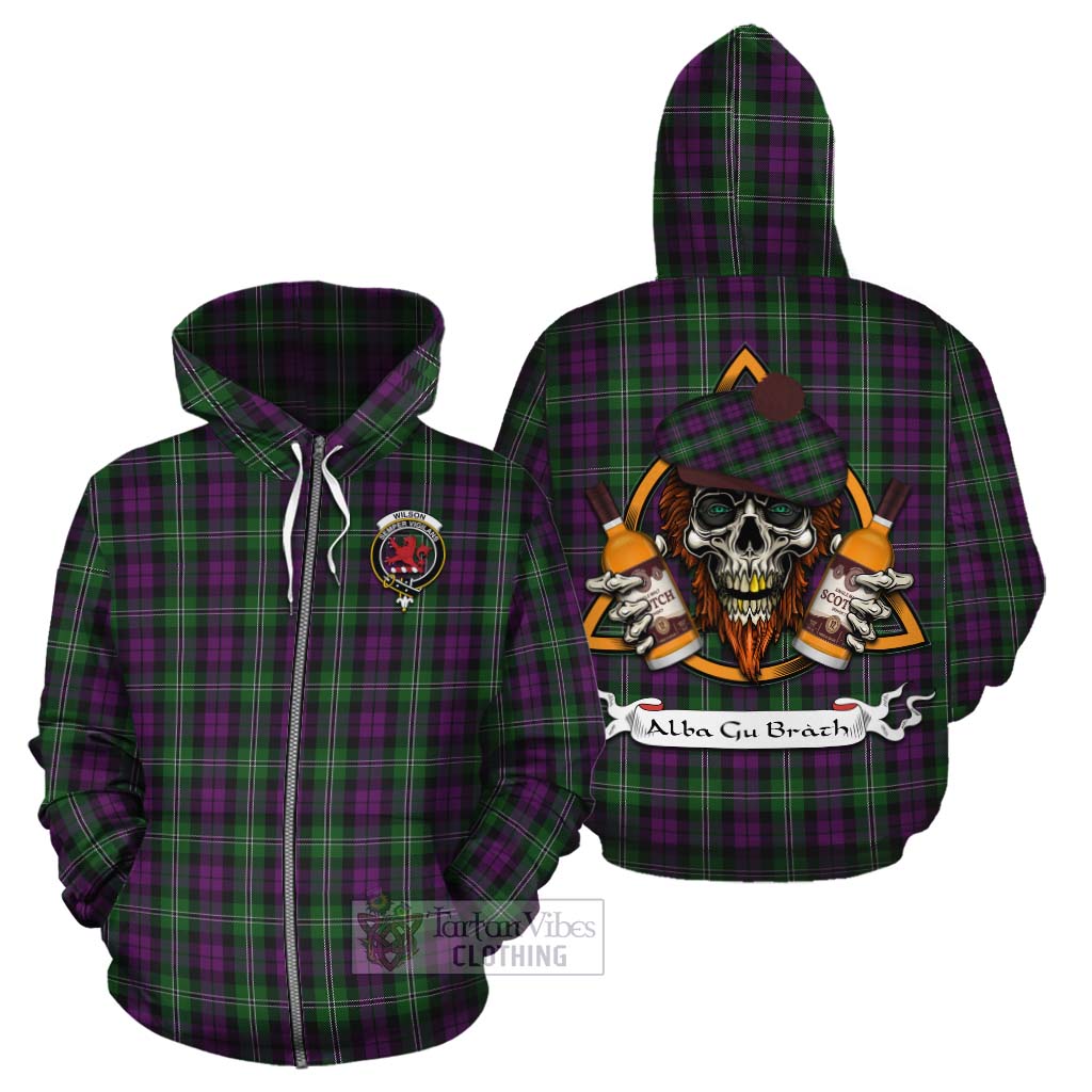 Tartan Vibes Clothing Wilson Tartan Cotton Hoodie with Family Crest and Bearded Skull Holding Bottles of Whiskey