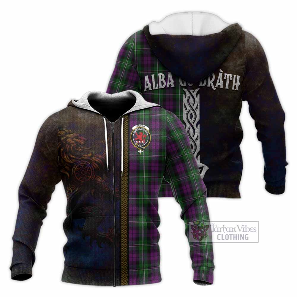 Tartan Vibes Clothing Wilson Tartan Family Crest Knitted Hoodie Alba Gu Brath Be Brave Lion Ancient Style