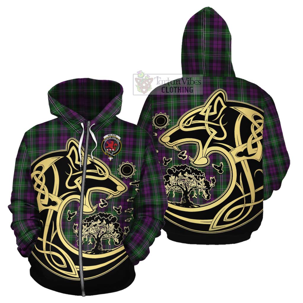 Tartan Vibes Clothing Wilson Tartan Cotton Hoodie with Family Crest Celtic Wolf Style