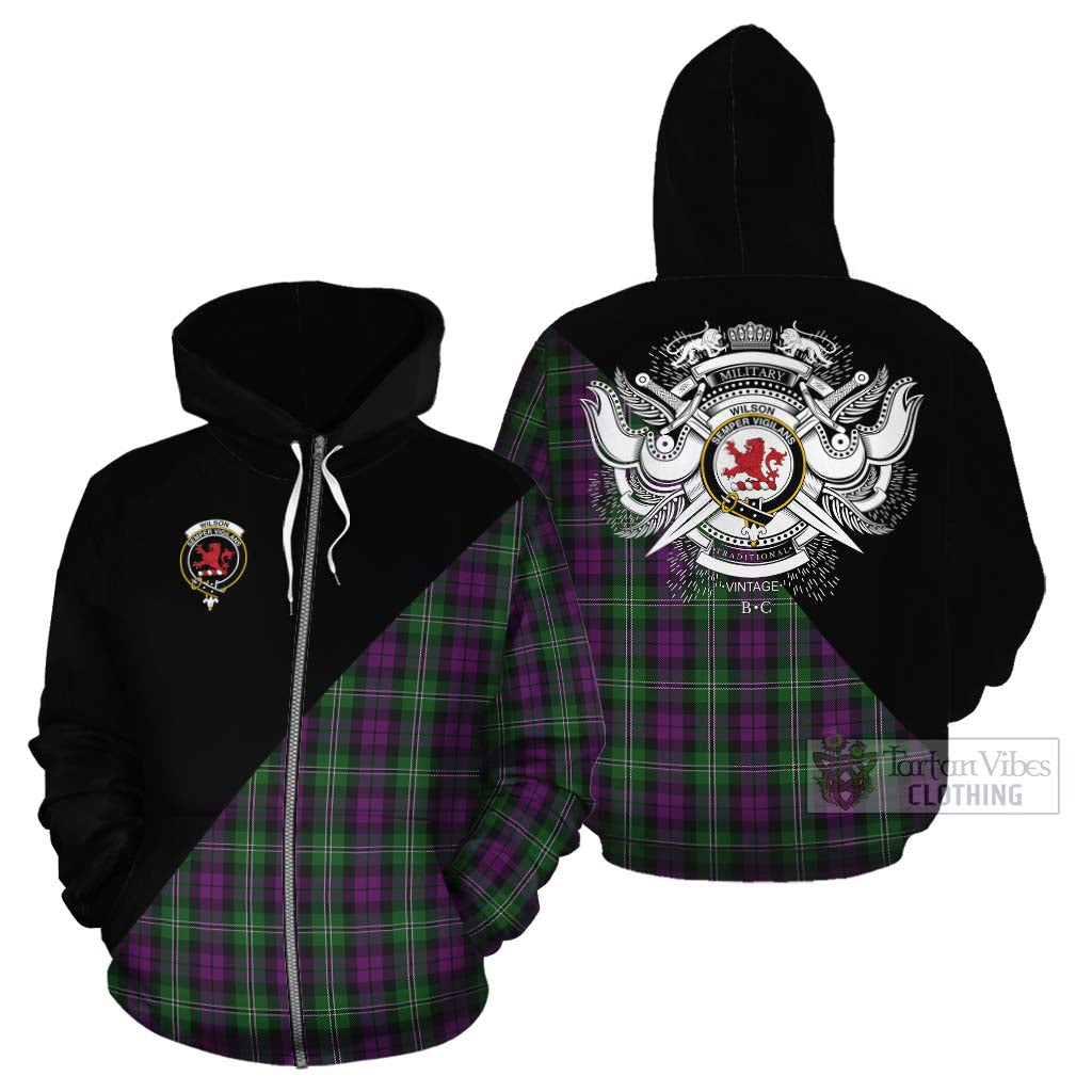 Tartan Vibes Clothing Wilson Tartan Cotton Hoodie with Family Crest and Military Logo Style