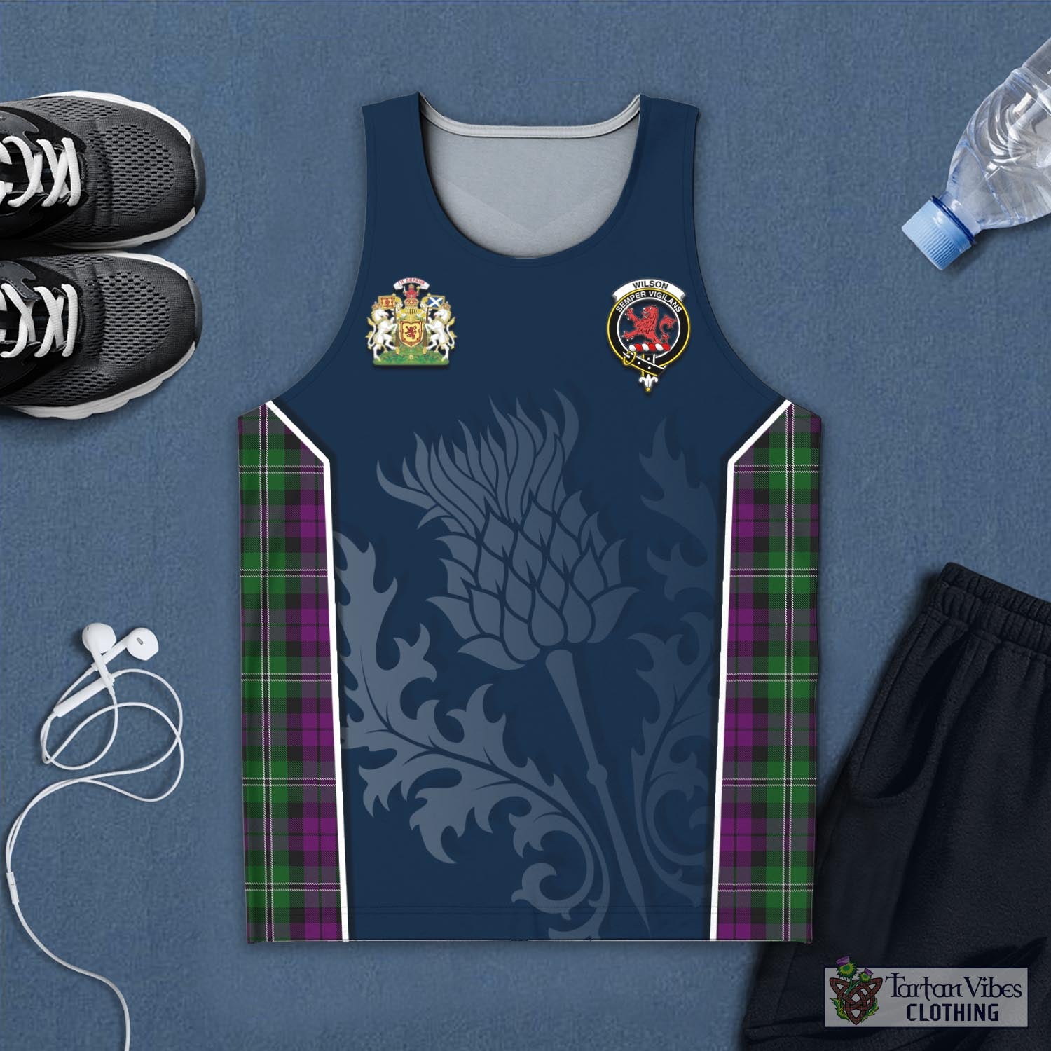 Tartan Vibes Clothing Wilson Tartan Men's Tanks Top with Family Crest and Scottish Thistle Vibes Sport Style