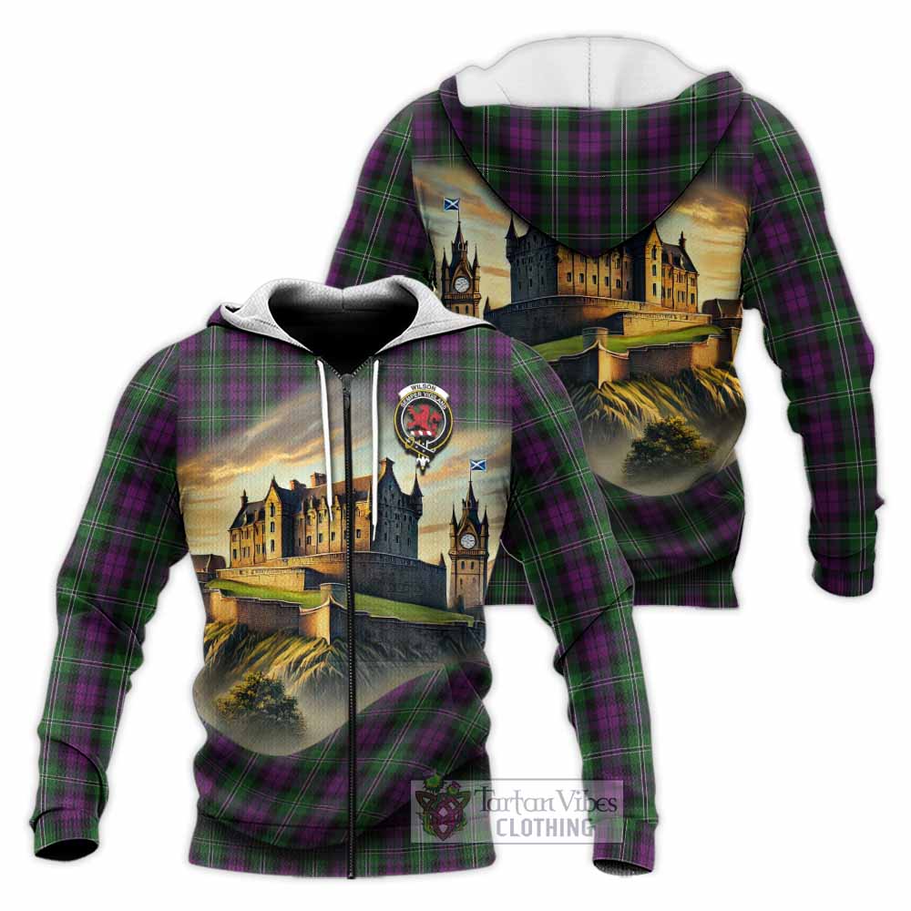 Tartan Vibes Clothing Wilson Tartan Family Crest Knitted Hoodie with Scottish Ancient Castle Style