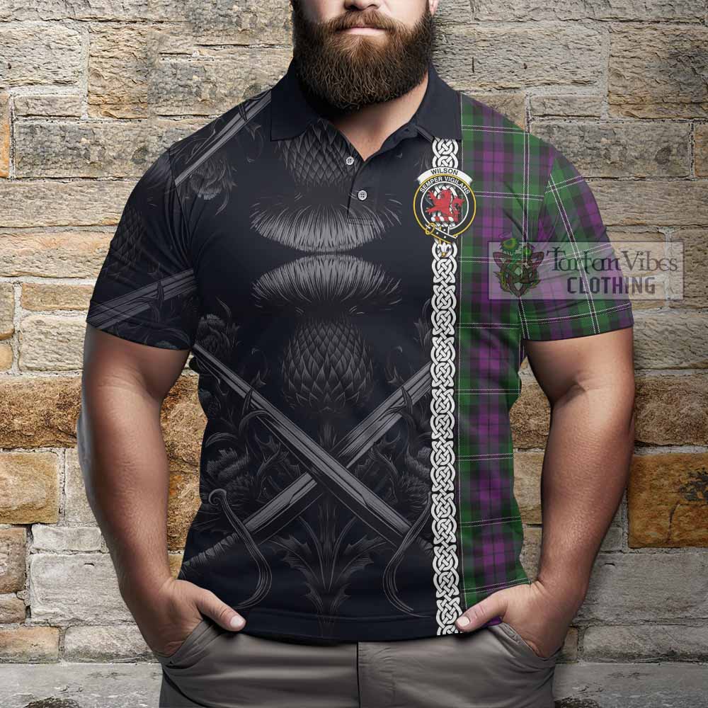 Tartan Vibes Clothing Wilson Tartan Polo Shirt with Family Crest Cross Sword Thistle Celtic Vibes