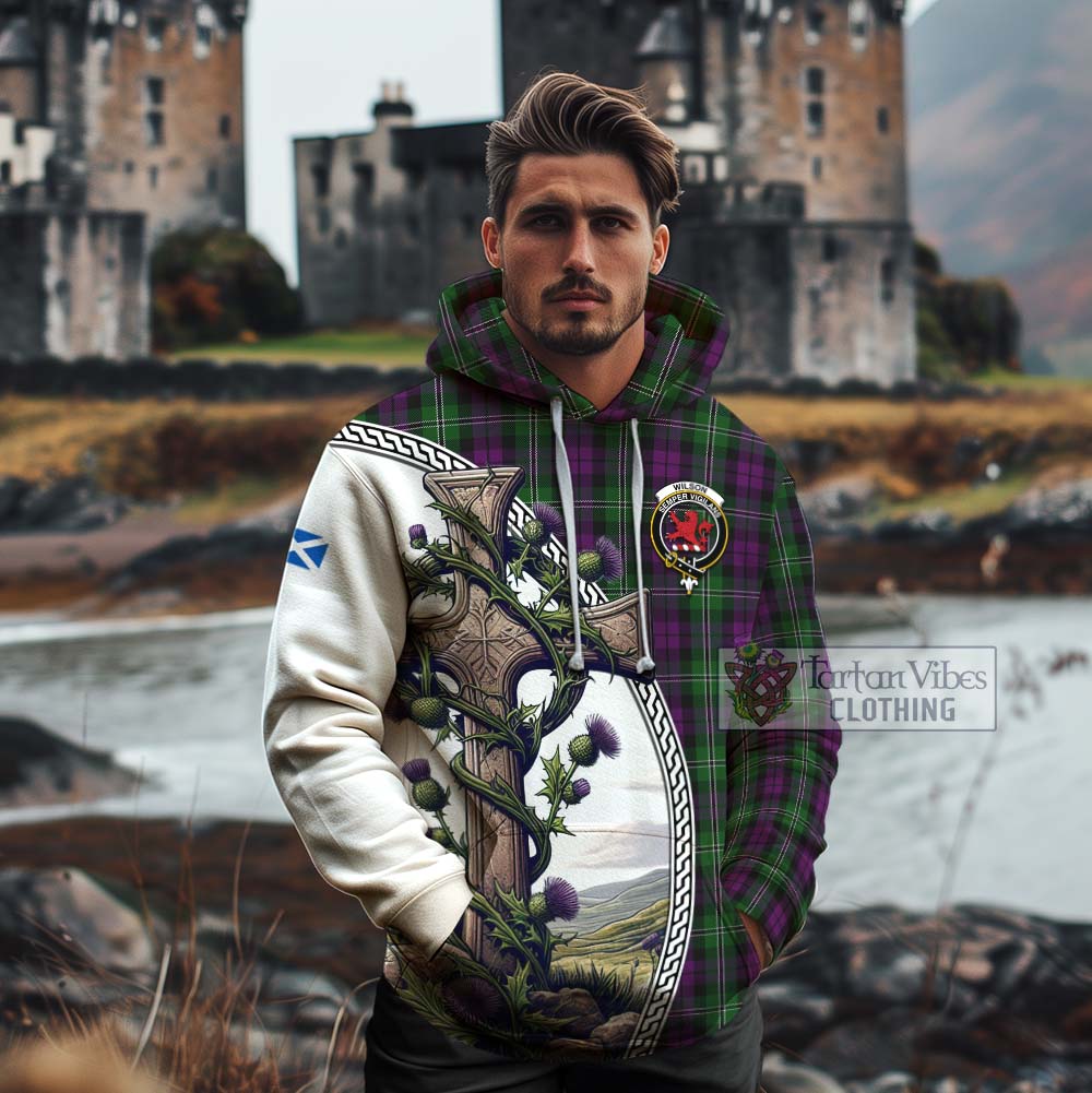 Tartan Vibes Clothing Wilson Tartan Cotton Hoodie with Family Crest and St. Andrew's Cross Accented by Thistle Vines