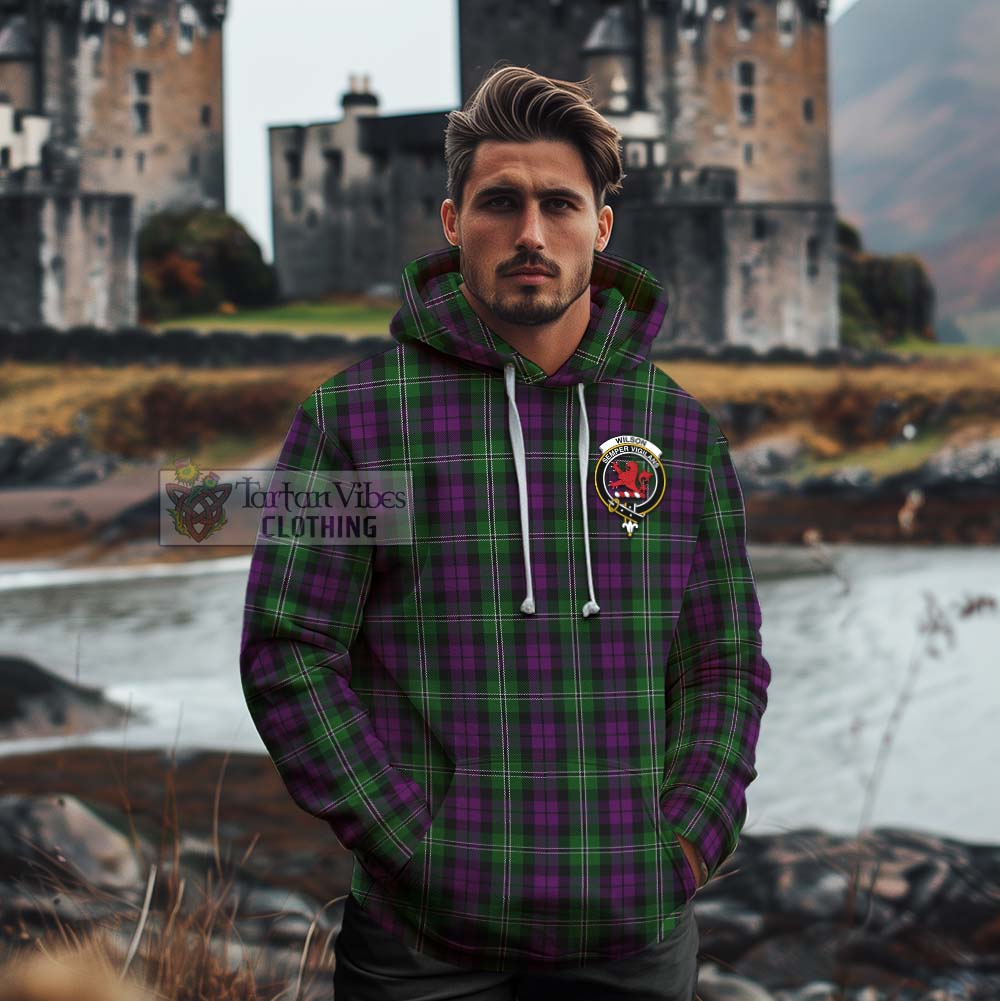 Tartan Vibes Clothing Wilson Tartan Cotton Hoodie with Family Crest Celtic Skull Style