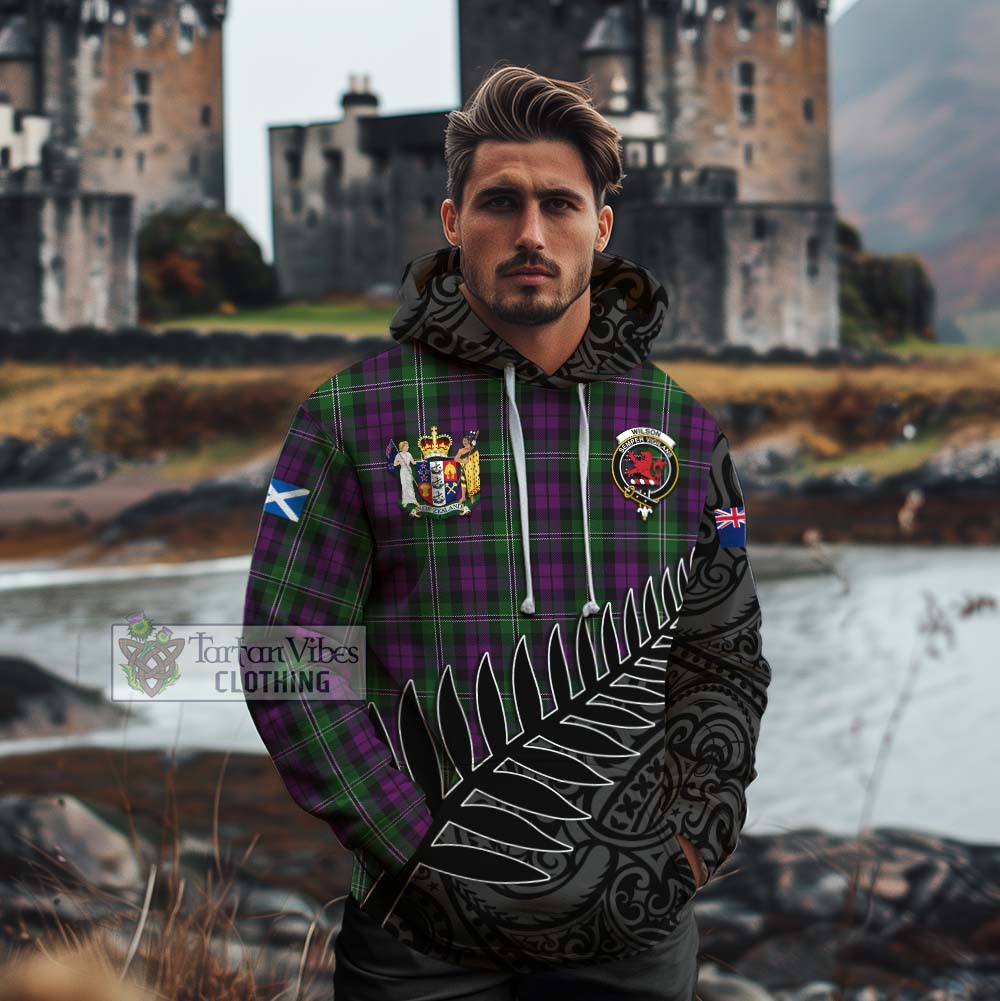 Tartan Vibes Clothing Wilson Crest Tartan Cotton Hoodie with New Zealand Silver Fern Half Style