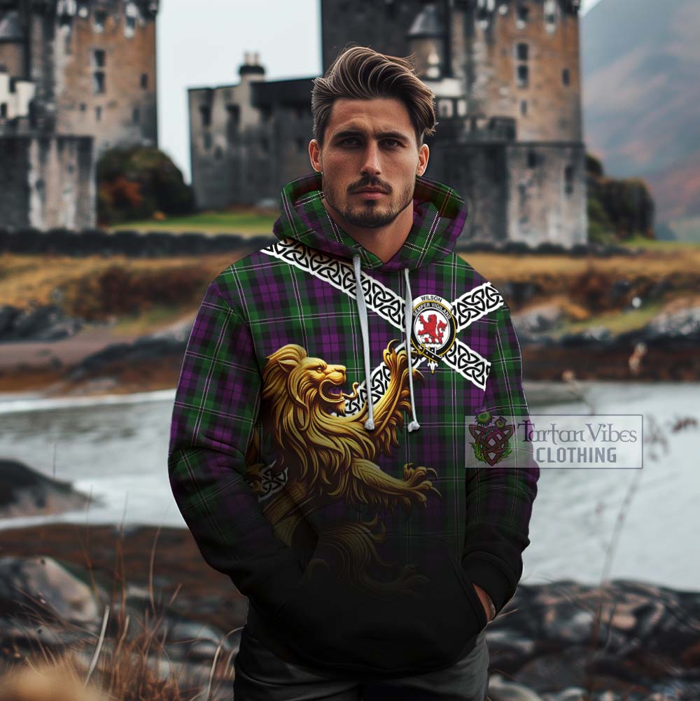 Tartan Vibes Clothing Wilson Crest Tartan Cotton Hoodie with Golden Lion Emblem Celtic Style