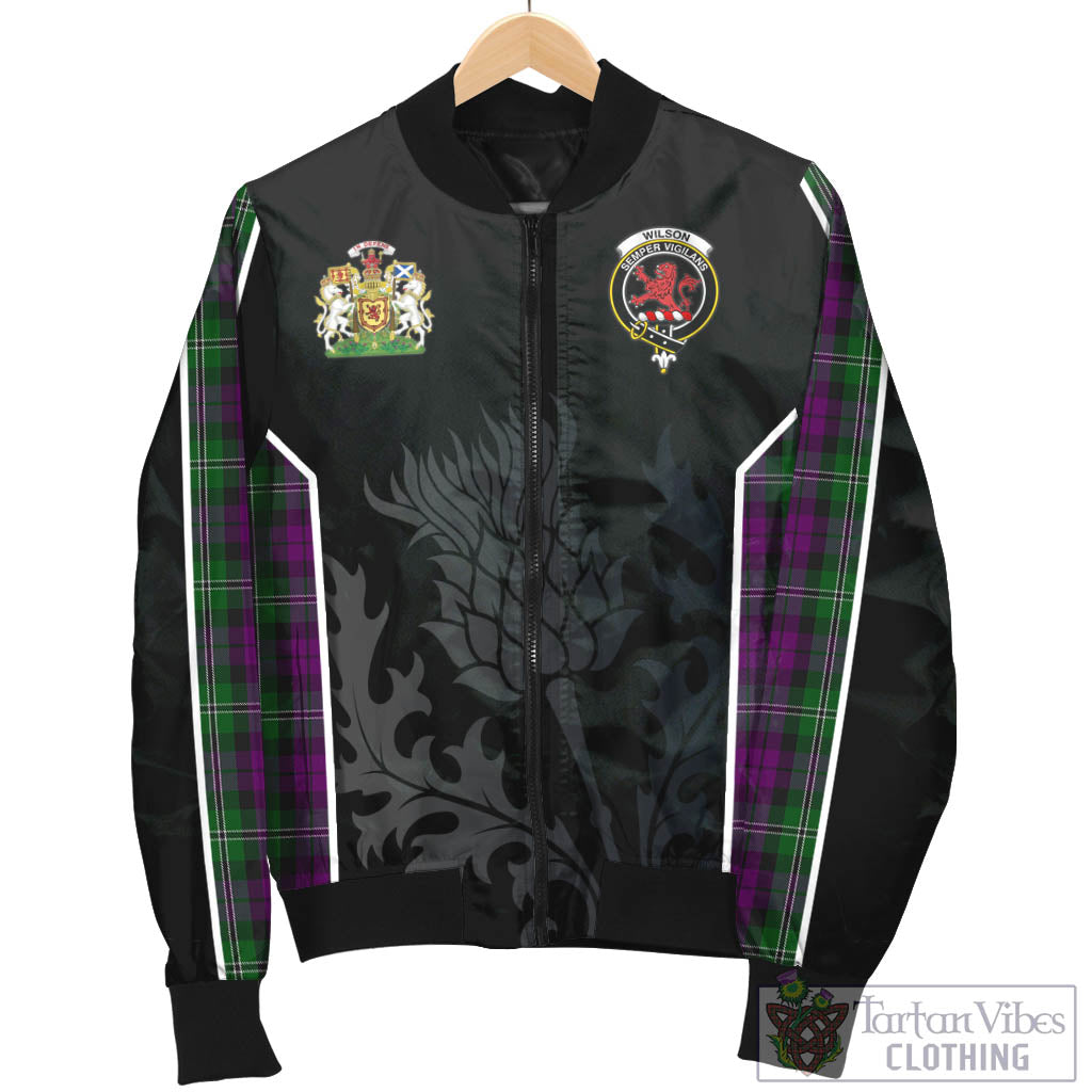 Tartan Vibes Clothing Wilson Tartan Bomber Jacket with Family Crest and Scottish Thistle Vibes Sport Style