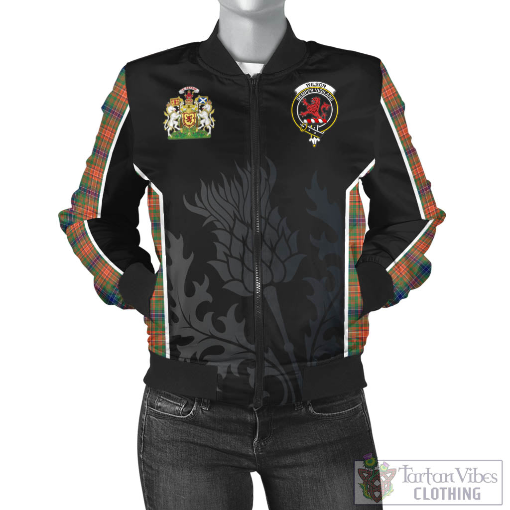 Tartan Vibes Clothing Wilson Ancient Tartan Bomber Jacket with Family Crest and Scottish Thistle Vibes Sport Style