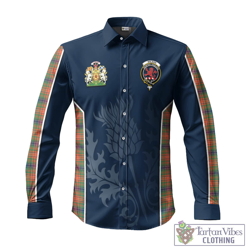 Tartan Vibes Clothing Wilson Ancient Tartan Long Sleeve Button Up Shirt with Family Crest and Scottish Thistle Vibes Sport Style
