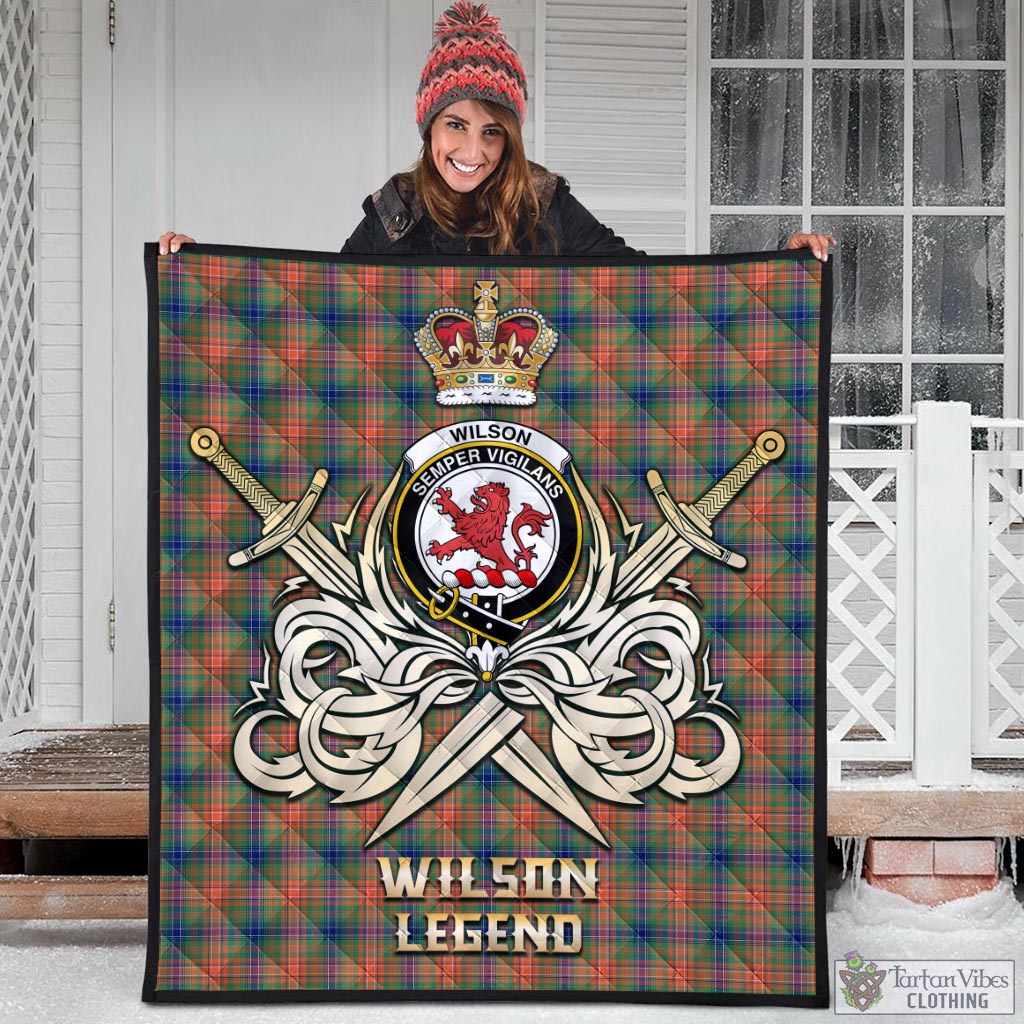 Tartan Vibes Clothing Wilson Ancient Tartan Quilt with Clan Crest and the Golden Sword of Courageous Legacy