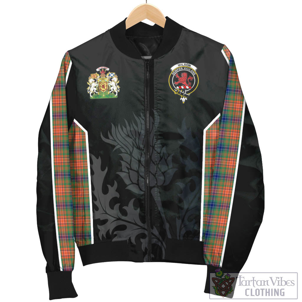 Tartan Vibes Clothing Wilson Ancient Tartan Bomber Jacket with Family Crest and Scottish Thistle Vibes Sport Style