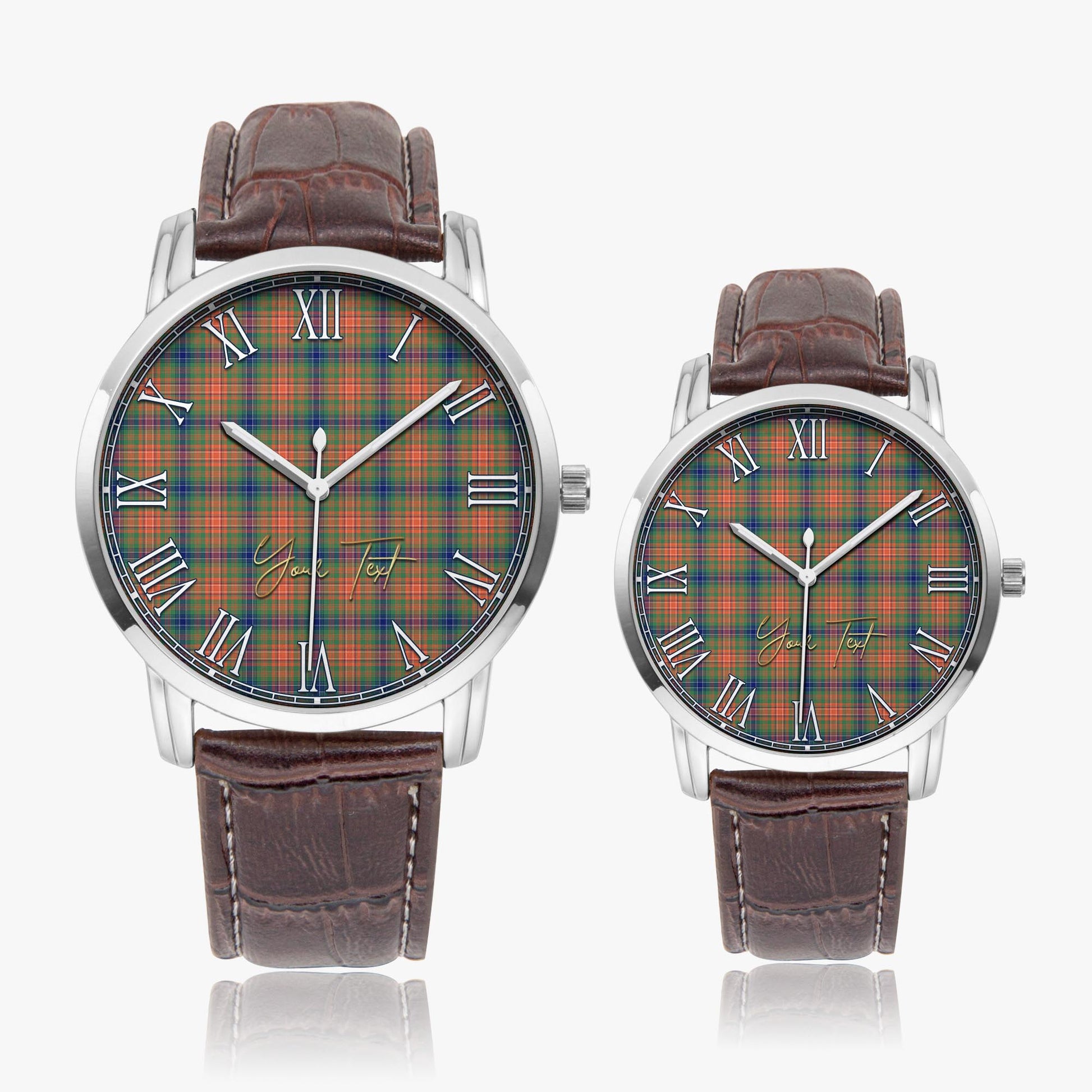 Wilson Ancient Tartan Personalized Your Text Leather Trap Quartz Watch Wide Type Silver Case With Brown Leather Strap - Tartanvibesclothing Shop