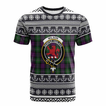 Wilson Clan Tartan Christmas Cotton T-shirt with Family Crest