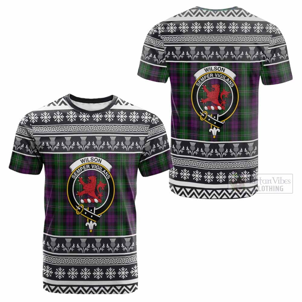 Wilson Clan Tartan Christmas Cotton T-shirt with Family Crest - Tartan Vibes Clothing