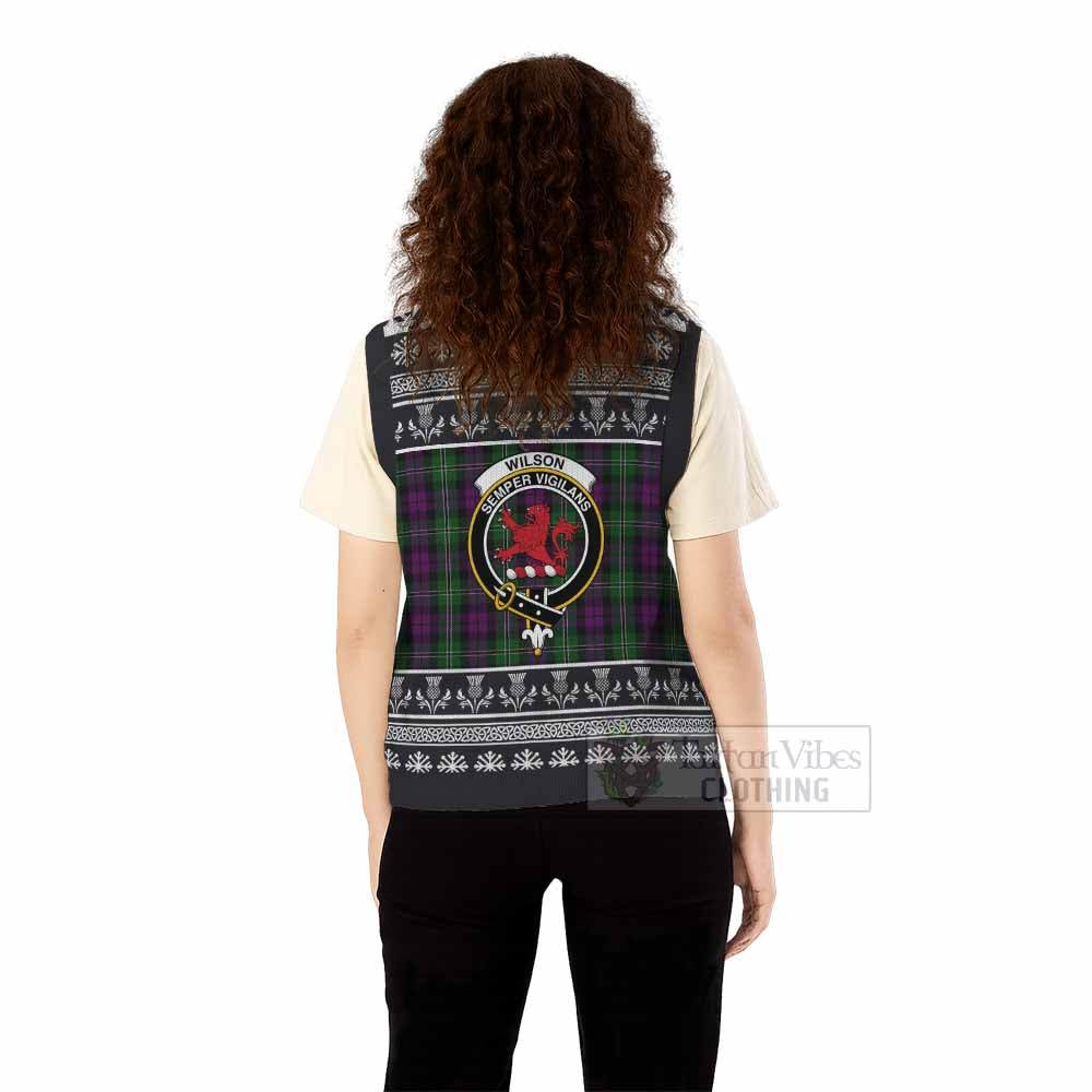 Wilson Clan Tartan Christmas Knitted V-Neck Vest with Family Crest - Tartan Vibes Clothing