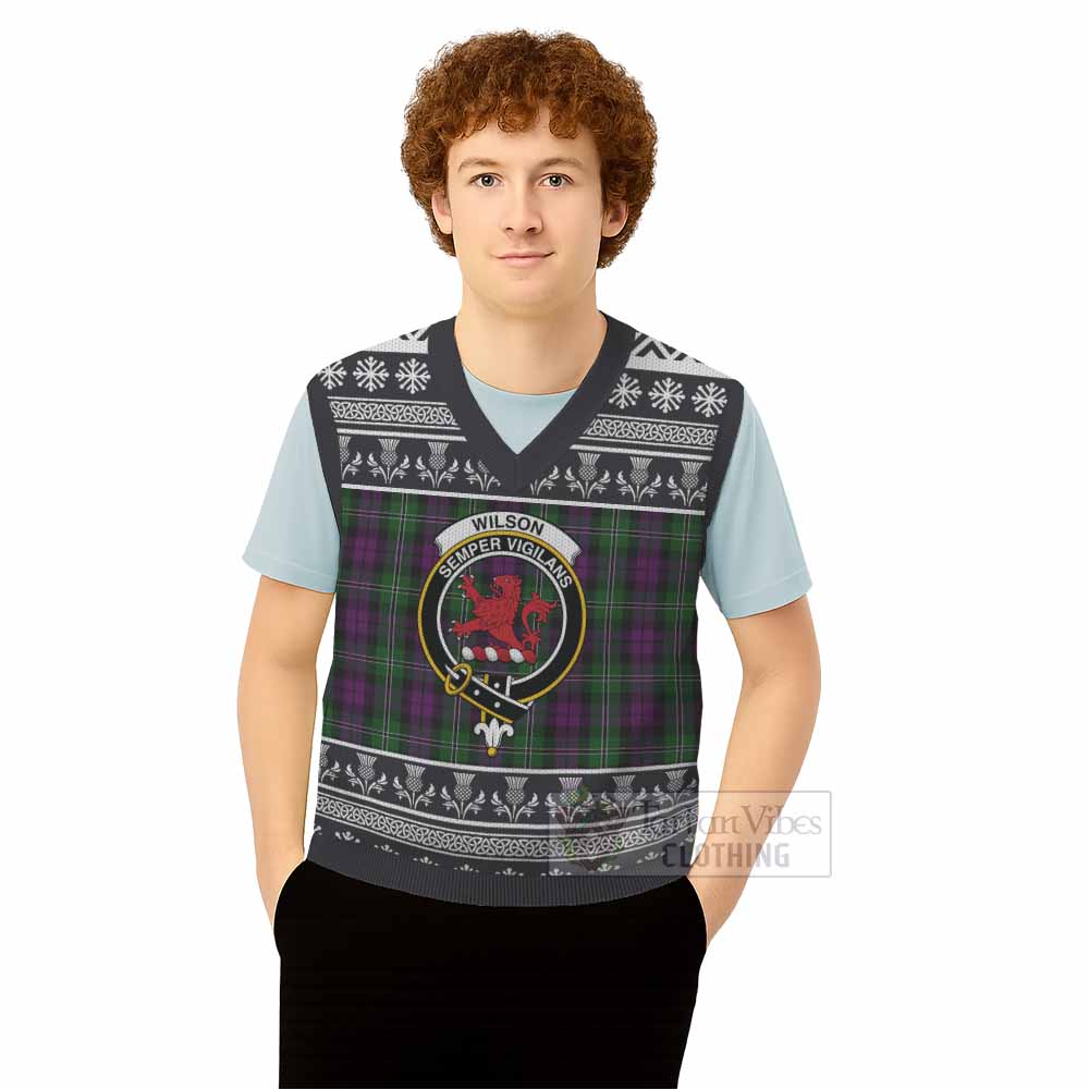 Wilson Clan Tartan Christmas Knitted V-Neck Vest with Family Crest - Tartan Vibes Clothing