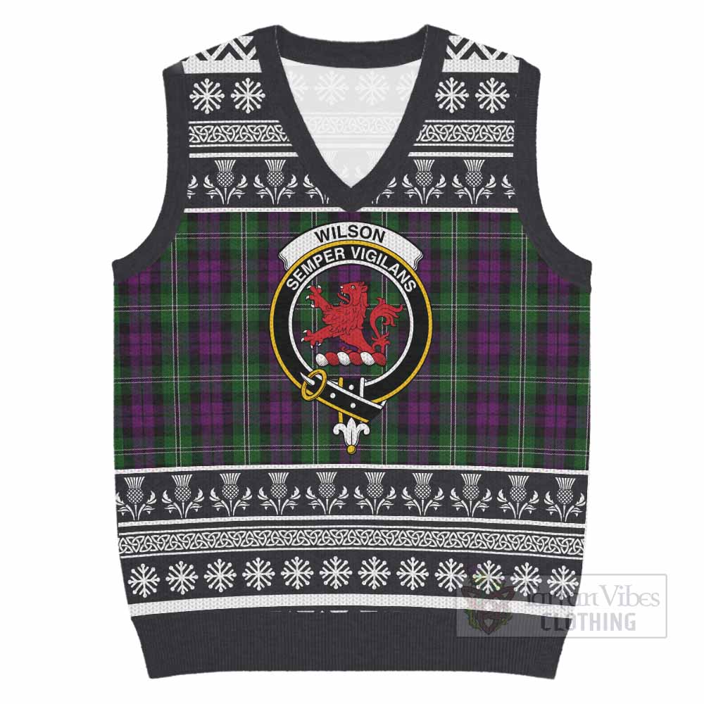 Wilson Clan Tartan Christmas Knitted V-Neck Vest with Family Crest - Tartan Vibes Clothing