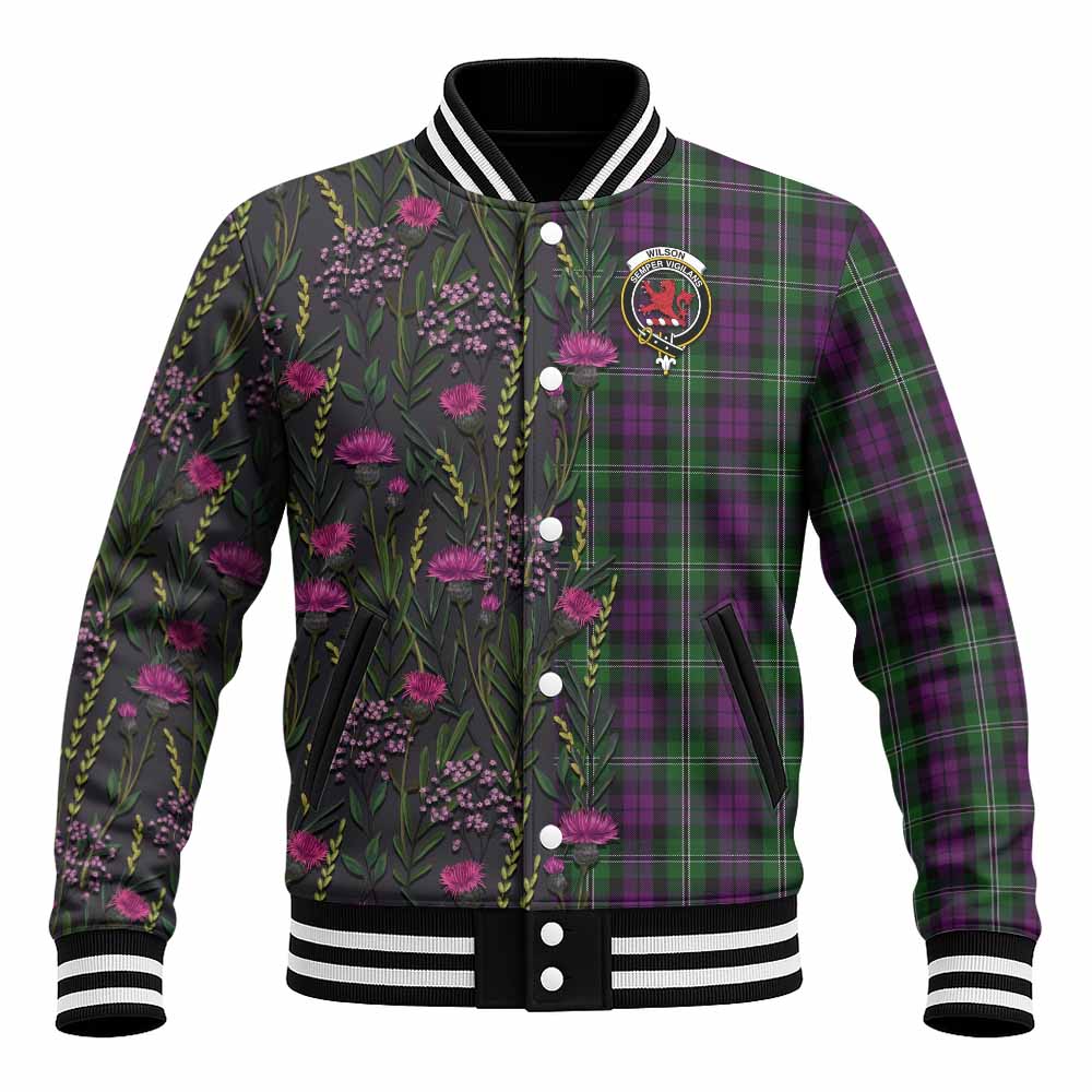 Wilson Family Crest Tartan Baseball Jacket Scottish Thistle Flower Pattern Half Style - Tartan Vibes Clothing