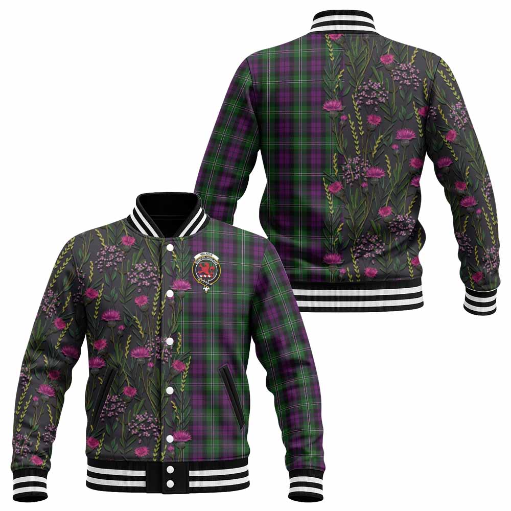 Wilson Family Crest Tartan Baseball Jacket Scottish Thistle Flower Pattern Half Style - Tartan Vibes Clothing