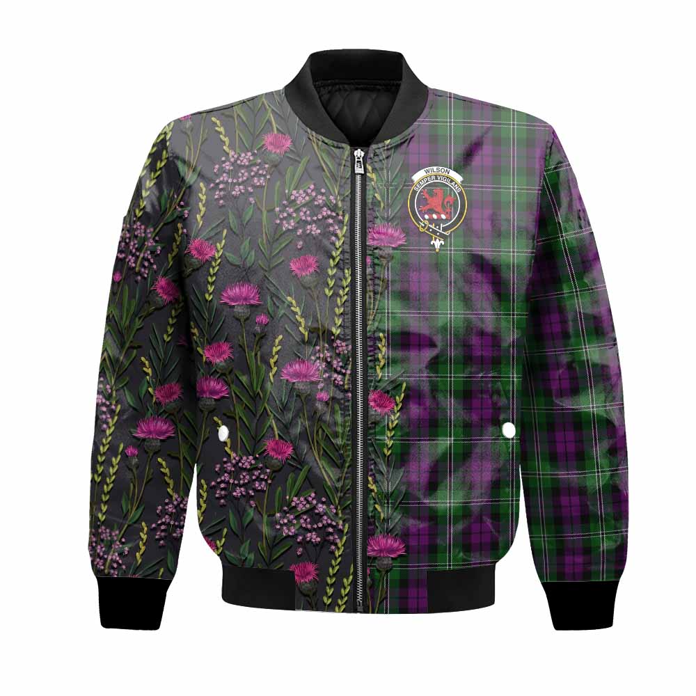 Wilson Family Crest Tartan Bomber Jacket Scottish Thistle Flower Pattern Half Style - Tartan Vibes Clothing