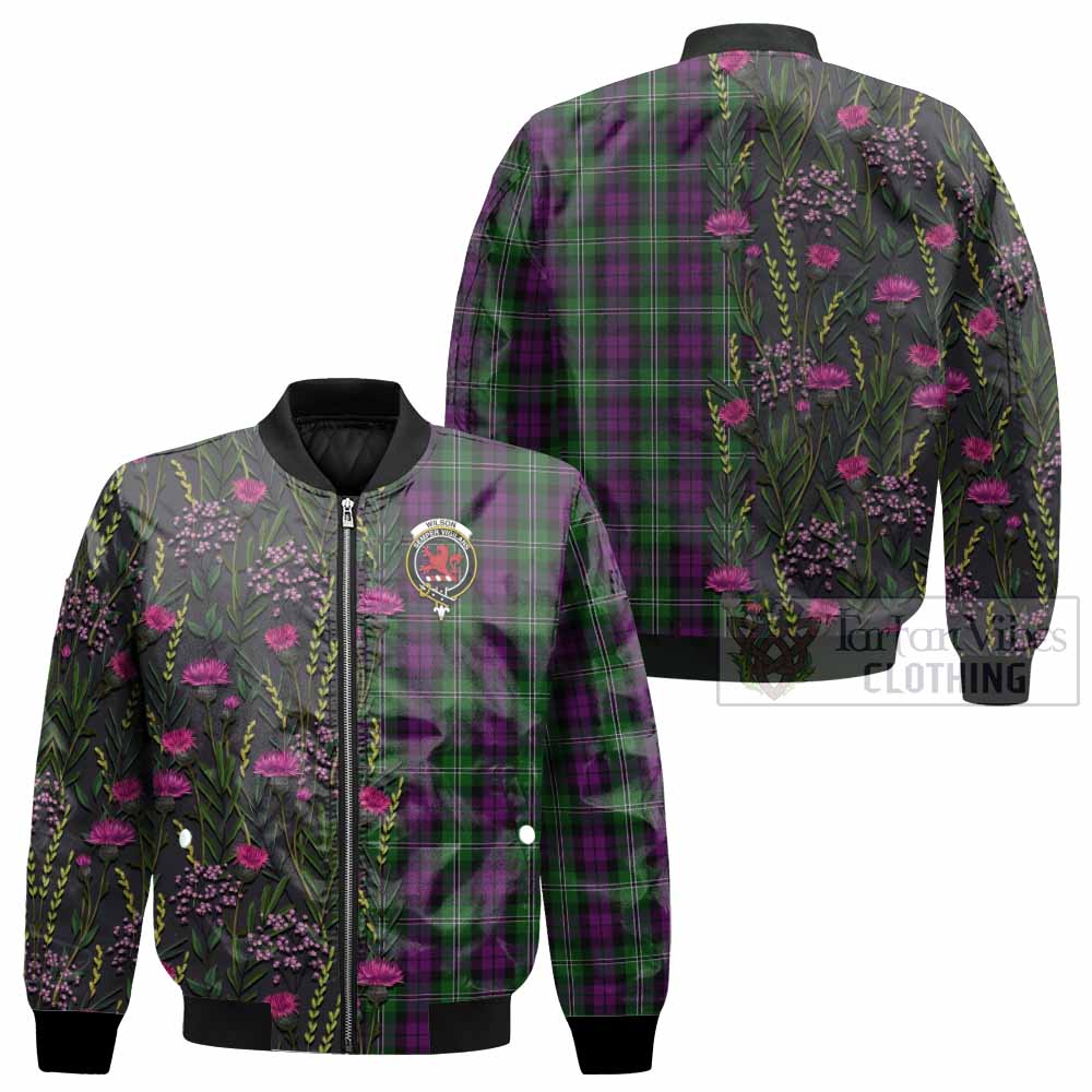 Wilson Family Crest Tartan Bomber Jacket Scottish Thistle Flower Pattern Half Style - Tartan Vibes Clothing