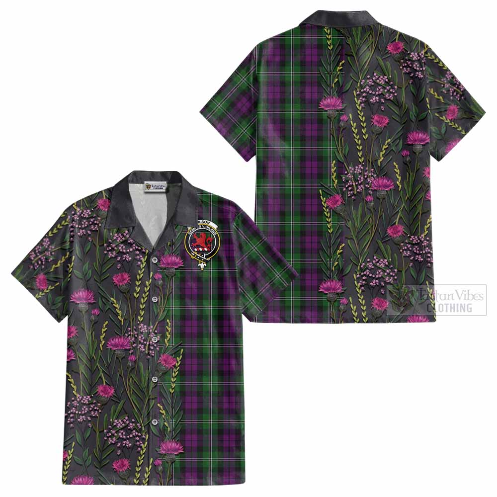 Wilson Family Crest Tartan Cotton Hawaiian Shirt Scottish Thistle Flower Pattern Half Style - Tartan Vibes Clothing