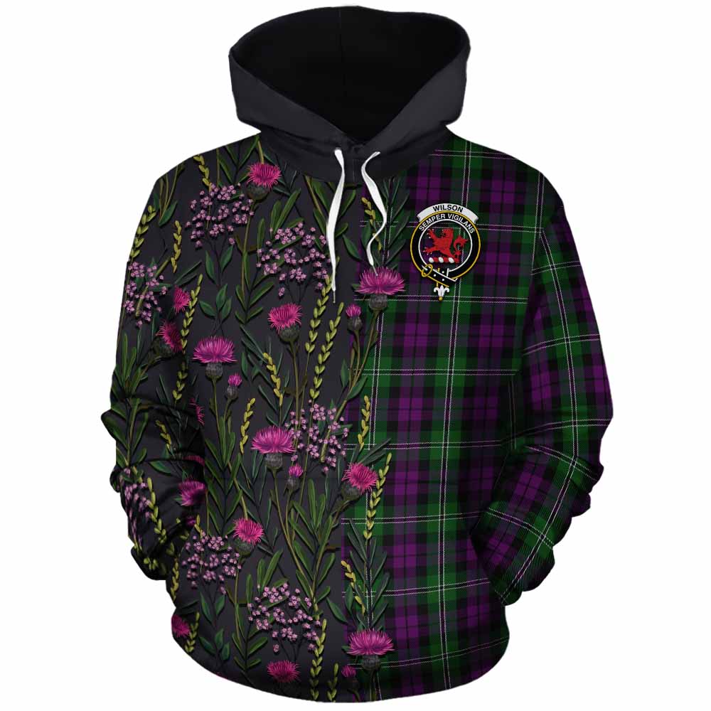 Wilson Family Crest Tartan Cotton Hoodie Scottish Thistle Flower Pattern Half Style - Tartan Vibes Clothing