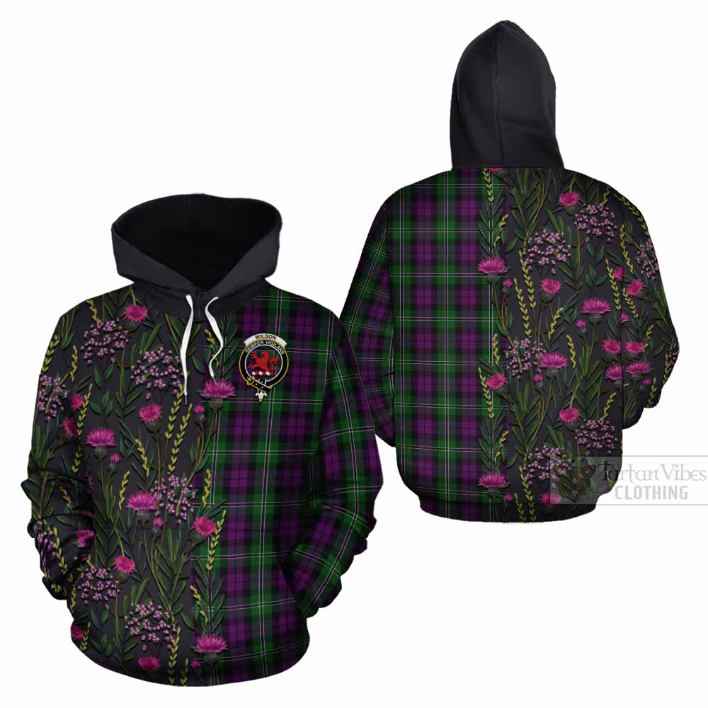 Wilson Family Crest Tartan Cotton Hoodie Scottish Thistle Flower Pattern Half Style - Tartan Vibes Clothing