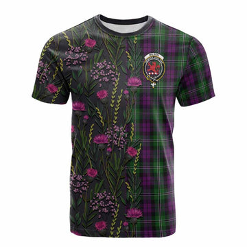Wilson Family Crest Tartan Cotton T-shirt Scottish Thistle Flower Pattern Half Style
