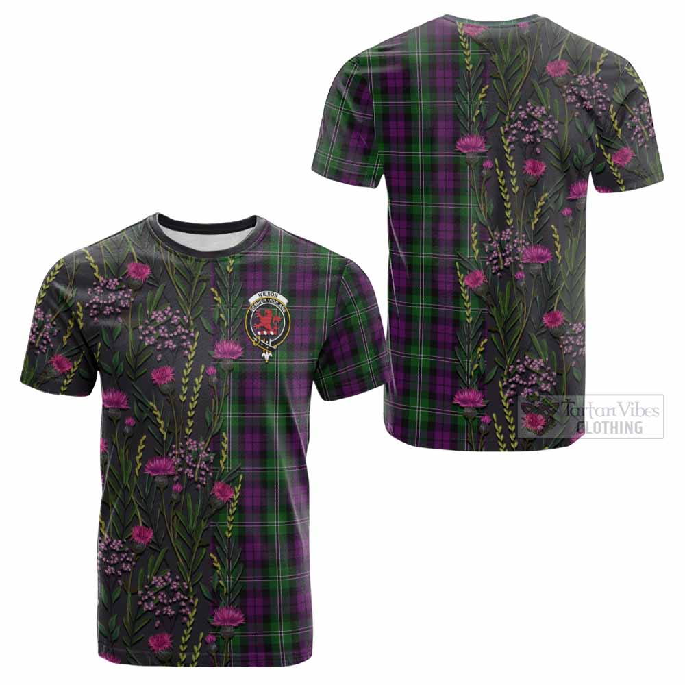 Wilson Family Crest Tartan Cotton T-shirt Scottish Thistle Flower Pattern Half Style - Tartan Vibes Clothing