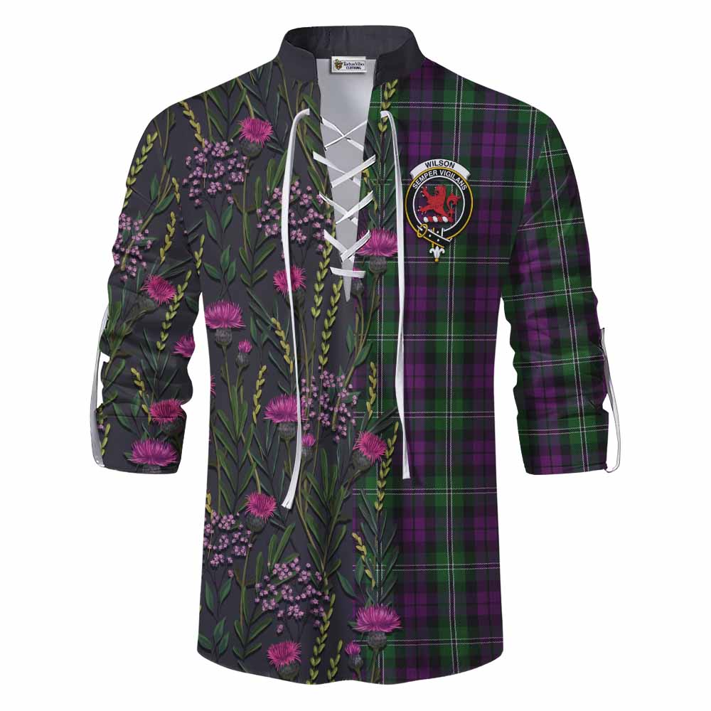 Wilson Family Crest Tartan Ghillie Shirt Scottish Thistle Flower Pattern Half Style - Tartan Vibes Clothing