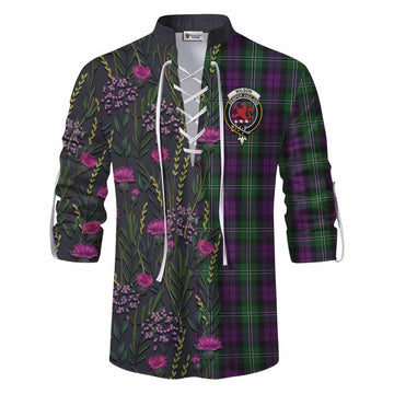 Wilson Family Crest Tartan Ghillie Shirt Scottish Thistle Flower Pattern Half Style - Tartan Vibes Clothing