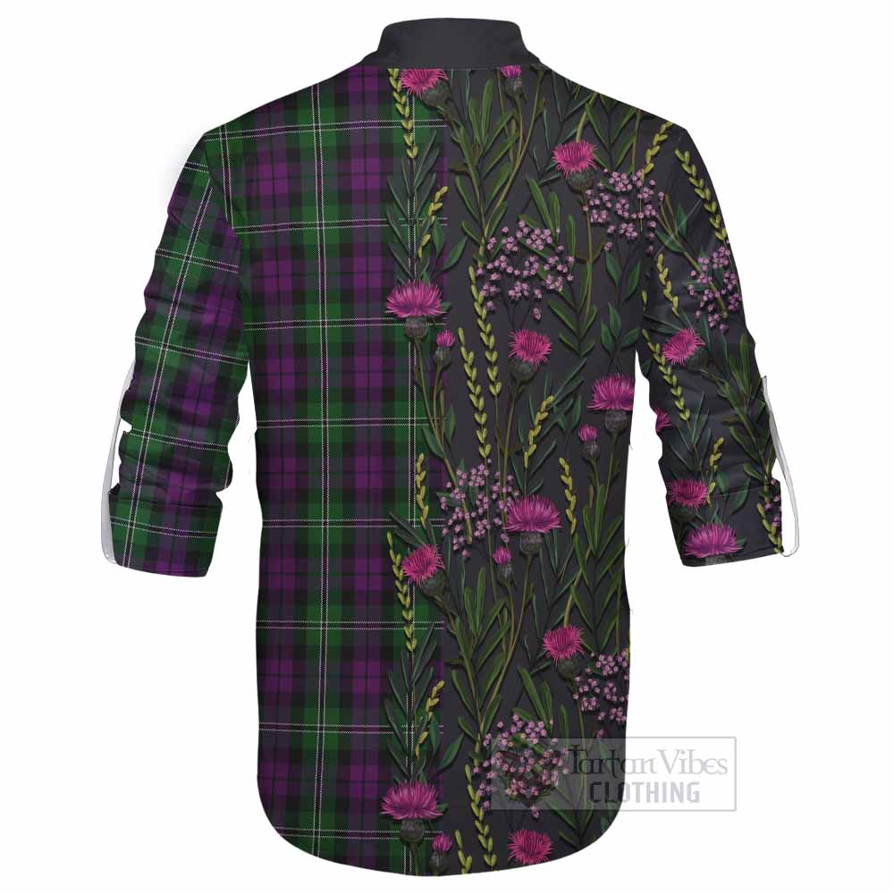 Wilson Family Crest Tartan Ghillie Shirt Scottish Thistle Flower Pattern Half Style - Tartan Vibes Clothing