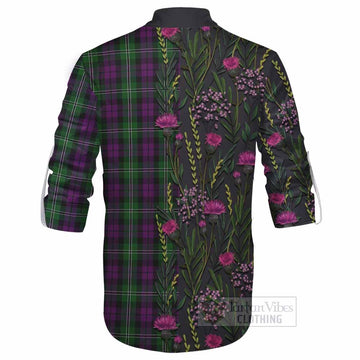 Wilson Family Crest Tartan Ghillie Shirt Scottish Thistle Flower Pattern Half Style - Tartan Vibes Clothing