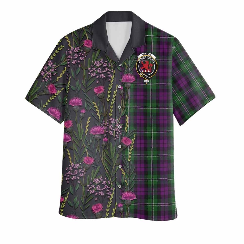 Wilson Family Crest Tartan Hawaiian Shirt Scottish Thistle Flower Pattern Half Style - Tartan Vibes Clothing