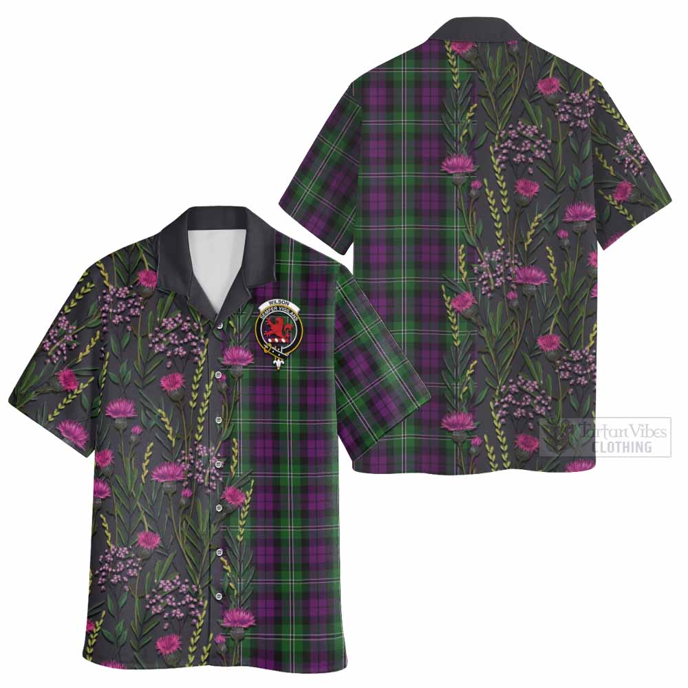 Wilson Family Crest Tartan Hawaiian Shirt Scottish Thistle Flower Pattern Half Style - Tartan Vibes Clothing