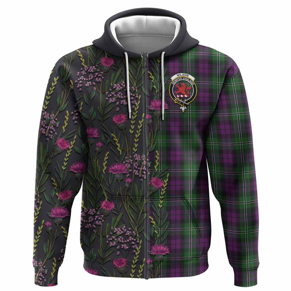 Wilson Family Crest Tartan Hoodie Scottish Thistle Flower Pattern Half Style - Tartan Vibes Clothing
