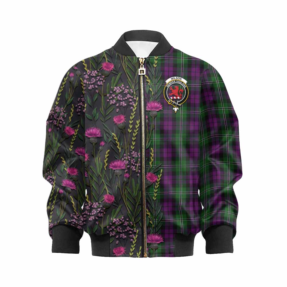 Wilson Family Crest Tartan Kid Bomber Jacket Scottish Thistle Flower Pattern Half Style - Tartan Vibes Clothing