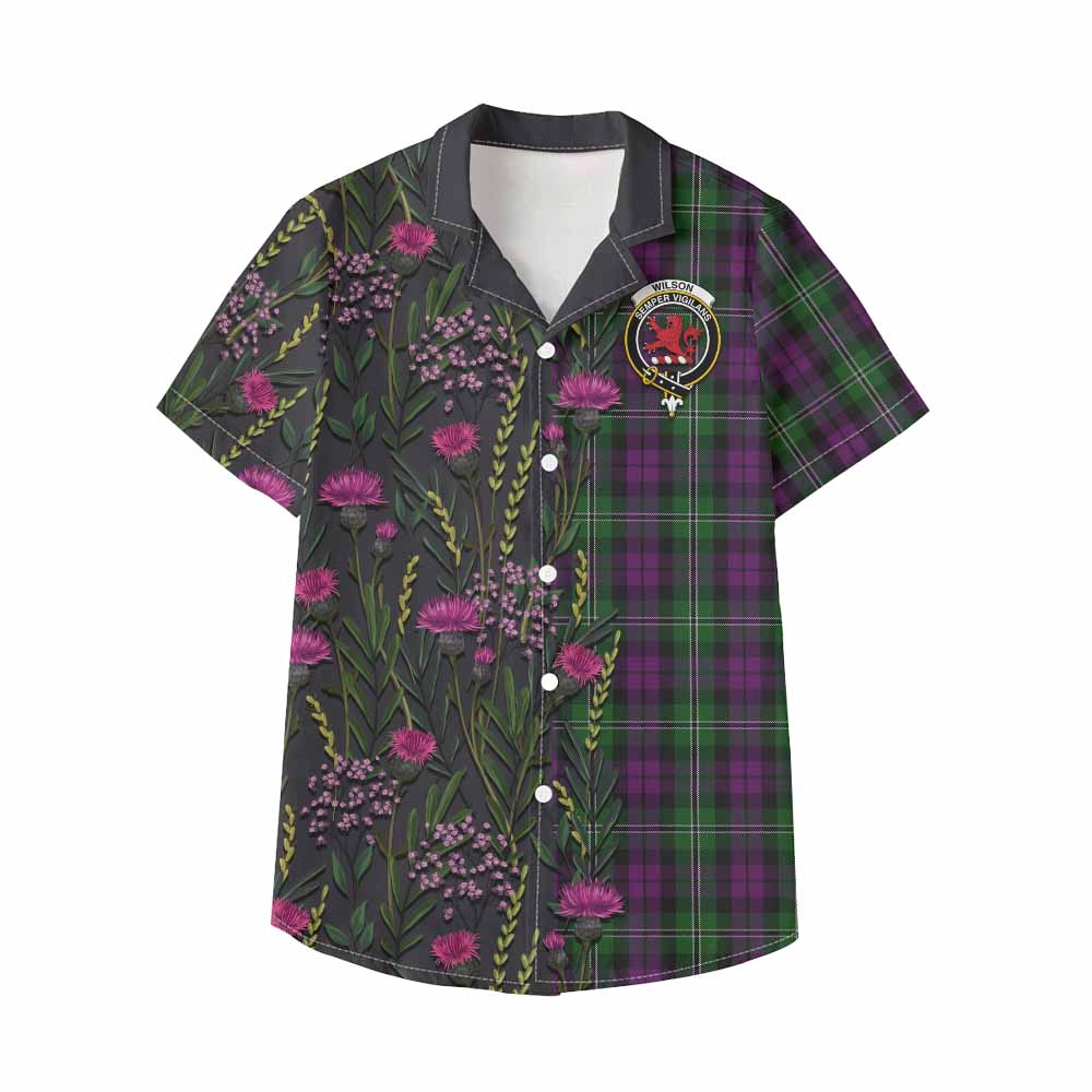 Wilson Family Crest Tartan Kid Hawaiian Shirt Scottish Thistle Flower Pattern Half Style - Tartan Vibes Clothing