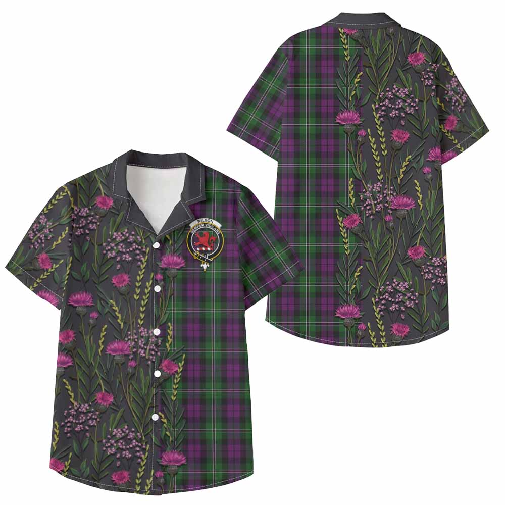 Wilson Family Crest Tartan Kid Hawaiian Shirt Scottish Thistle Flower Pattern Half Style - Tartan Vibes Clothing