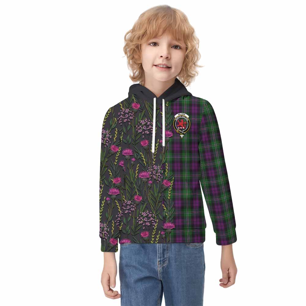 Wilson Family Crest Tartan Kid Hoodie Scottish Thistle Flower Pattern Half Style - Tartan Vibes Clothing