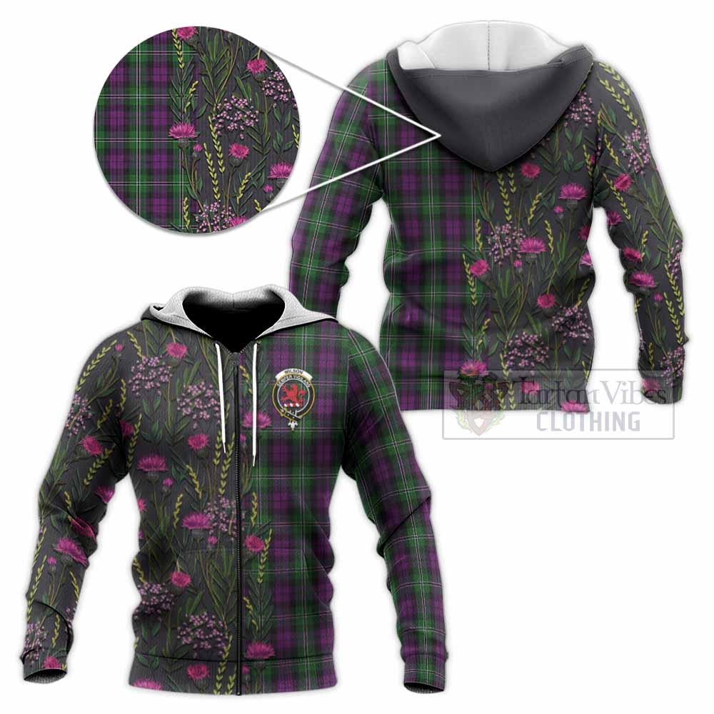 Wilson Family Crest Tartan Knitted Hoodie Scottish Thistle Flower Pattern Half Style - Tartan Vibes Clothing