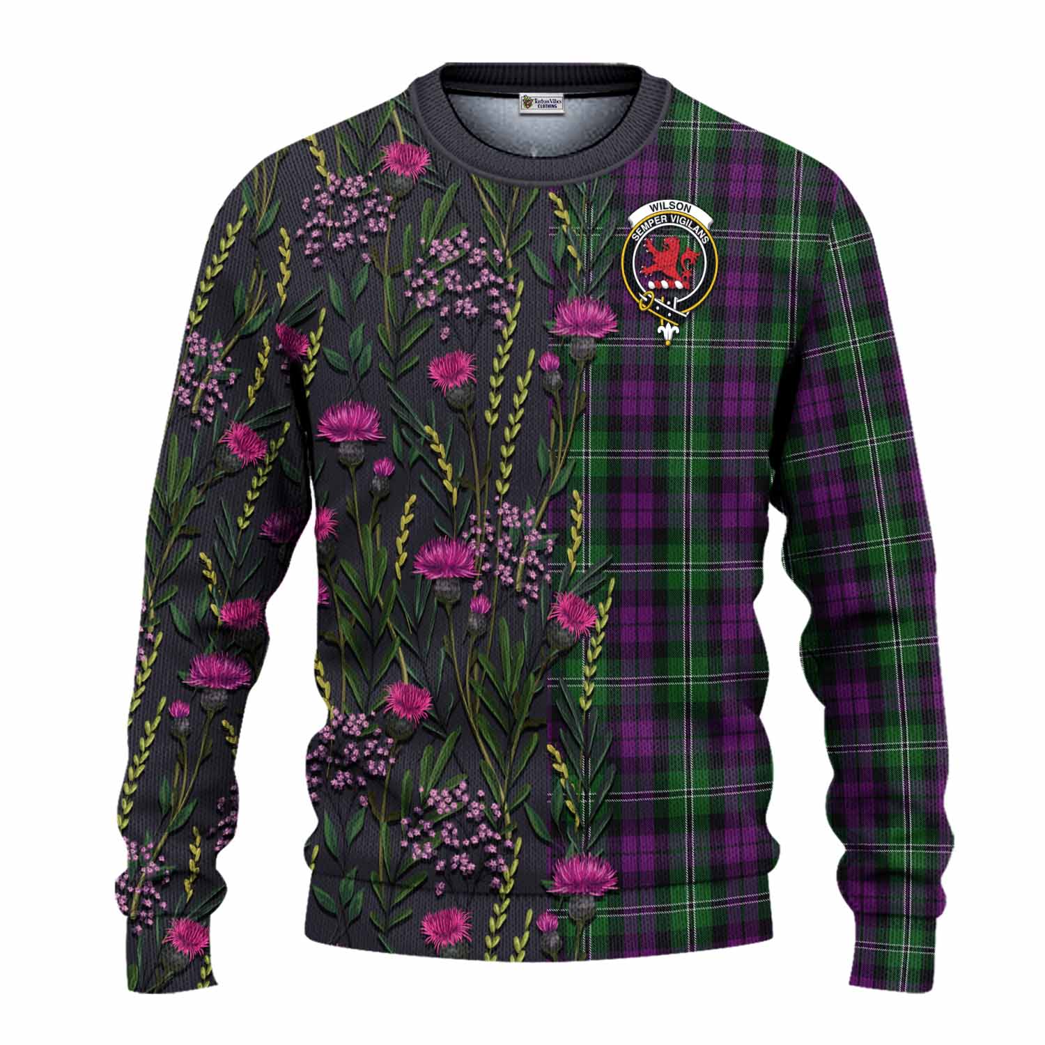 Wilson Family Crest Tartan Knitted Sweater Scottish Thistle Flower Pattern Half Style - Tartan Vibes Clothing