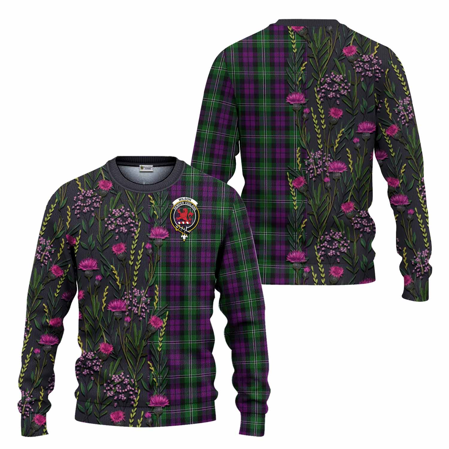 Wilson Family Crest Tartan Knitted Sweater Scottish Thistle Flower Pattern Half Style - Tartan Vibes Clothing